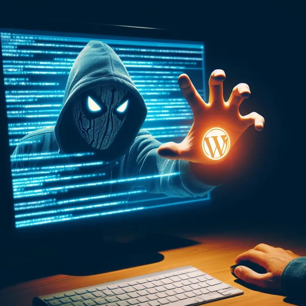 Hackers hand reaching wordpress website